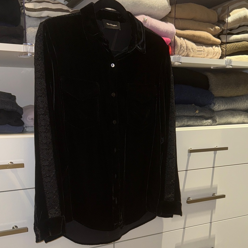 The Kooples Black Velvet Button-Down Shirt with Lace Insets